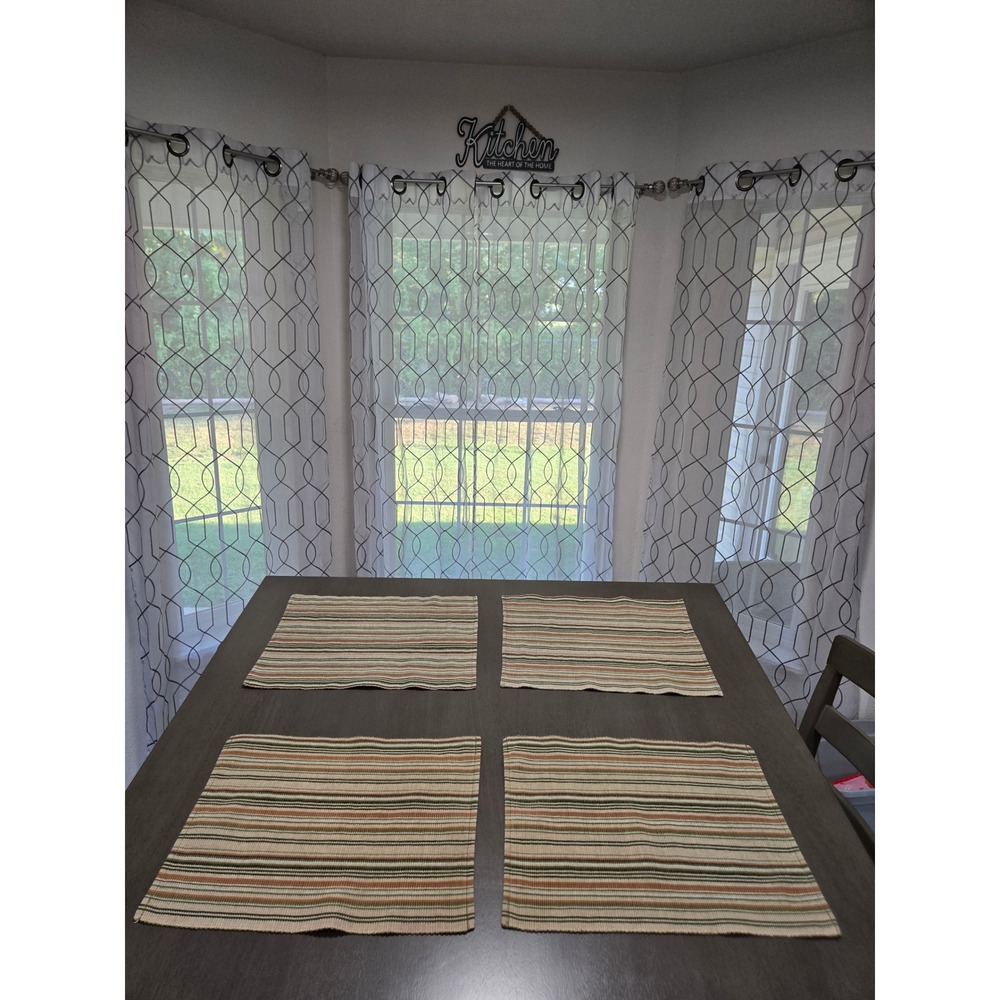 Set of 4 Woven Striped Placemats Earth Tones Green Orange Cream 13x19 Rectangles